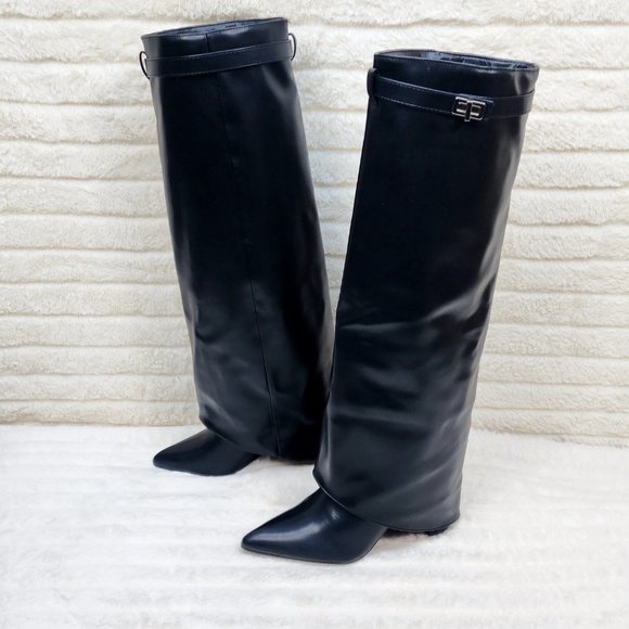 Paris Black Skirted Fold Over 3.5" Block Heel Knee High Boots - Picture 8 of 11